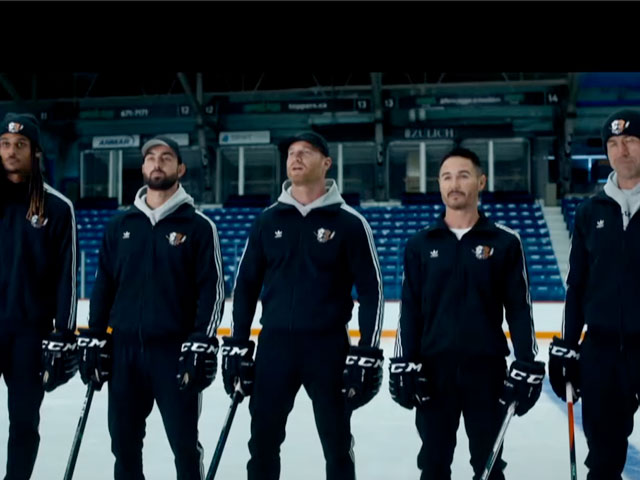 Shoresy, Goody, Dolo, Hitch and Michaels in Bulldogs gear at the hockey rink